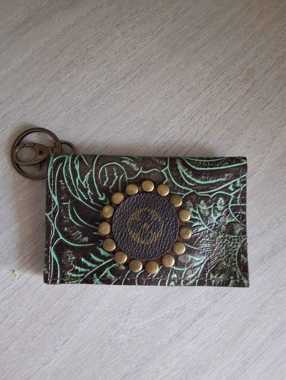 Trendy Upcycled Leather Keychain/Card Holder with embossed leather emblem - NWT